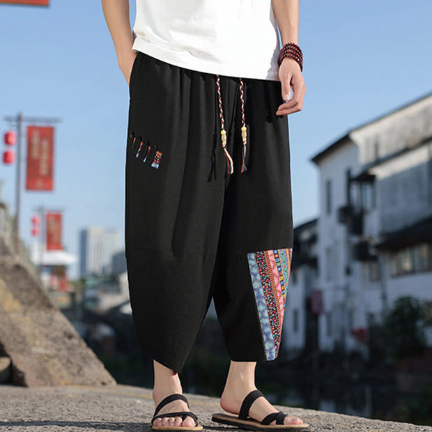 Buddha Stones Bohemian Patchwork Pattern Cotton Drawstring Men's Wide Leg Pants With Pockets