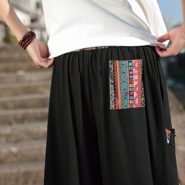 Buddha Stones Bohemian Patchwork Pattern Cotton Drawstring Men's Wide Leg Pants With Pockets