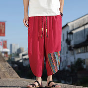 Buddha Stones Bohemian Patchwork Pattern Cotton Drawstring Men's Wide Leg Pants With Pockets