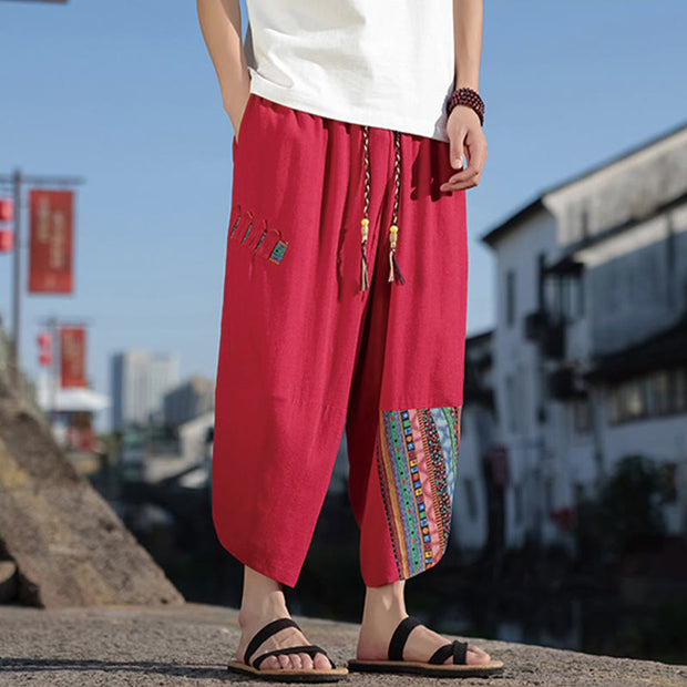 Buddha Stones Bohemian Patchwork Pattern Cotton Drawstring Men's Wide Leg Pants With Pockets