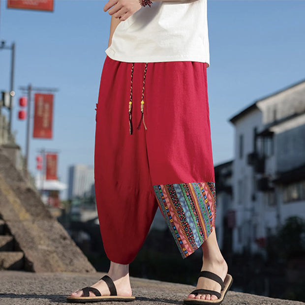 Buddha Stones Bohemian Patchwork Pattern Cotton Drawstring Men's Wide Leg Pants With Pockets