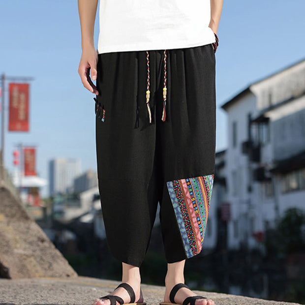 Buddha Stones Bohemian Patchwork Pattern Cotton Drawstring Men's Wide Leg Pants With Pockets