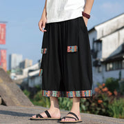 Buddha Stones Summer Ethnic 7-8 Length Cropped Cotton Men's Wide Leg Pants With Pockets