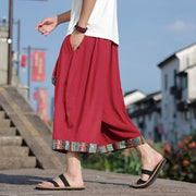 Buddha Stones Summer Ethnic 7-8 Length Cropped Cotton Men's Wide Leg Pants With Pockets