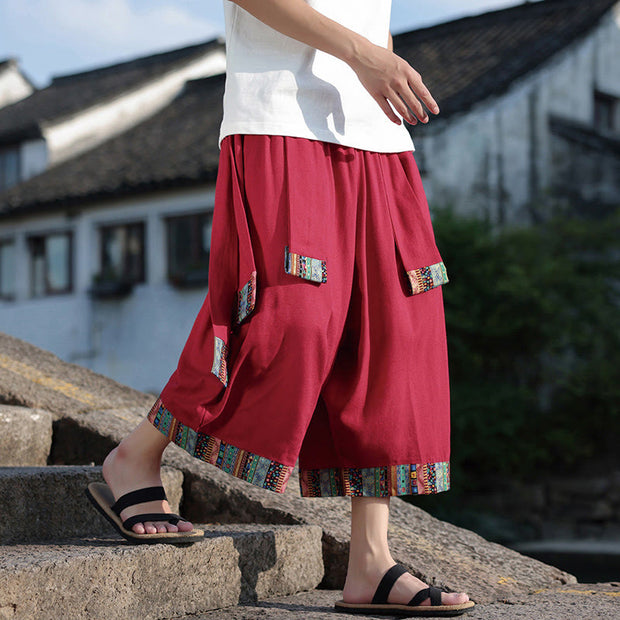 Buddha Stones Summer Ethnic 7-8 Length Cropped Cotton Men's Wide Leg Pants With Pockets