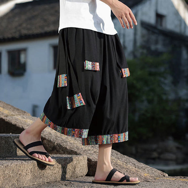 Buddha Stones Summer Ethnic 7-8 Length Cropped Cotton Men's Wide Leg Pants With Pockets