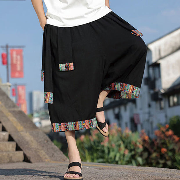 Buddha Stones Summer Ethnic 7-8 Length Cropped Cotton Men's Wide Leg Pants With Pockets