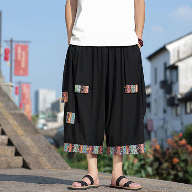 Buddha Stones Summer Ethnic 7-8 Length Cropped Cotton Men's Wide Leg Pants With Pockets