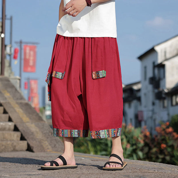 Buddha Stones Summer Ethnic 7-8 Length Cropped Cotton Men's Wide Leg Pants With Pockets