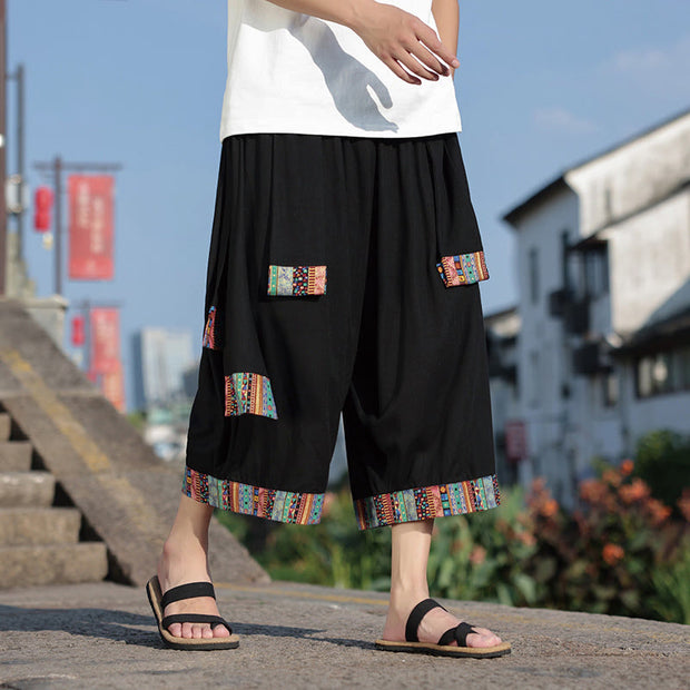 Buddha Stones Summer Ethnic 7-8 Length Cropped Cotton Men's Wide Leg Pants With Pockets