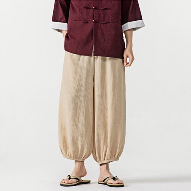 Buddha Stones Soft Solid Color Drawstring Cotton Men's Pants With Pockets