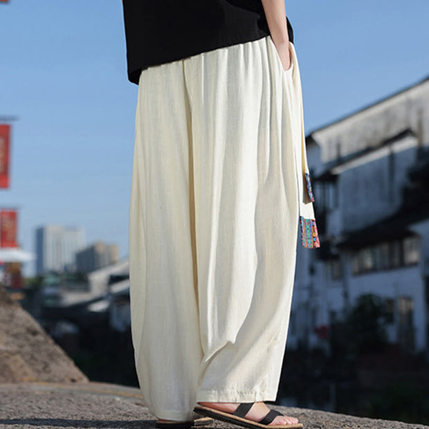 Buddha Stones Simple Patchwork Design Drawstring Soft Cotton Men's Wide Leg Pants With Pockets