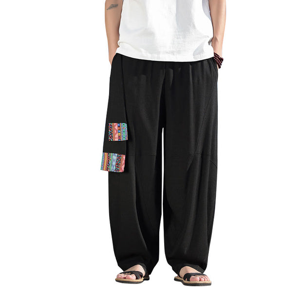 Buddha Stones Simple Patchwork Design Drawstring Soft Cotton Men's Wide Leg Pants With Pockets