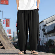 Buddha Stones Simple Patchwork Design Drawstring Soft Cotton Men's Wide Leg Pants With Pockets