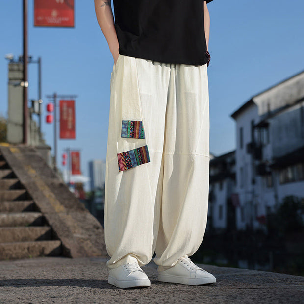 Buddha Stones Simple Patchwork Design Drawstring Soft Cotton Men's Wide Leg Pants With Pockets