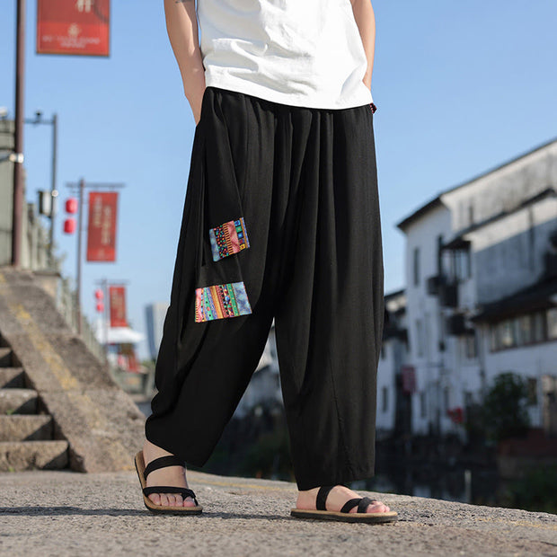 Buddha Stones Simple Patchwork Design Drawstring Soft Cotton Men's Wide Leg Pants With Pockets