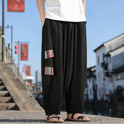 Buddha Stones Simple Patchwork Design Drawstring Soft Cotton Men's Wide Leg Pants With Pockets