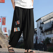 Buddha Stones Simple Patchwork Design Drawstring Soft Cotton Men's Wide Leg Pants With Pockets