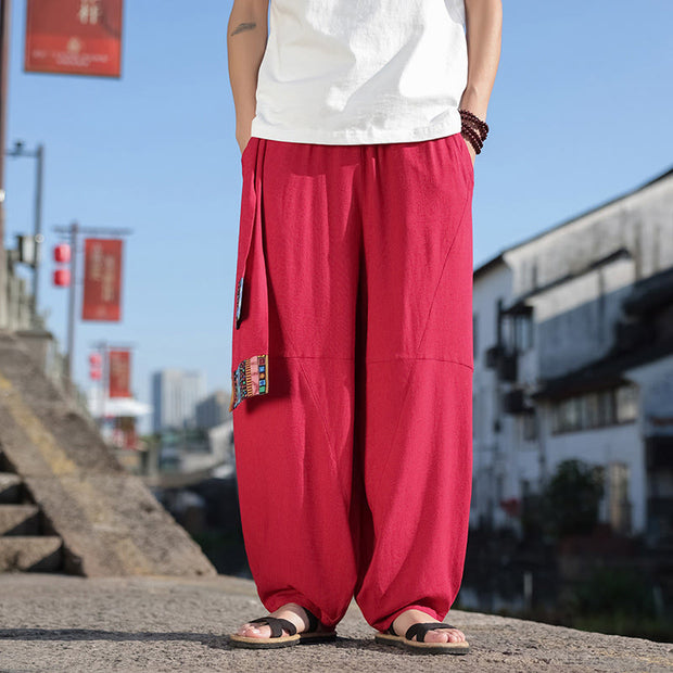 Buddha Stones Simple Patchwork Design Drawstring Soft Cotton Men's Wide Leg Pants With Pockets