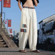 Buddha Stones Simple Patchwork Design Drawstring Soft Cotton Men's Wide Leg Pants With Pockets