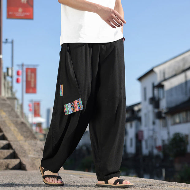 Buddha Stones Simple Patchwork Design Drawstring Soft Cotton Men's Wide Leg Pants With Pockets