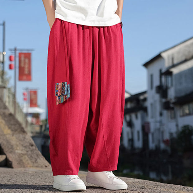 Buddha Stones Simple Patchwork Design Drawstring Soft Cotton Men's Wide Leg Pants With Pockets