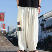 Buddha Stones Simple Patchwork Design Drawstring Soft Cotton Men's Wide Leg Pants With Pockets