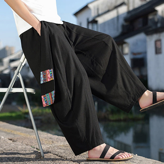 Buddha Stones Simple Patchwork Design Drawstring Soft Cotton Men's Wide Leg Pants With Pockets