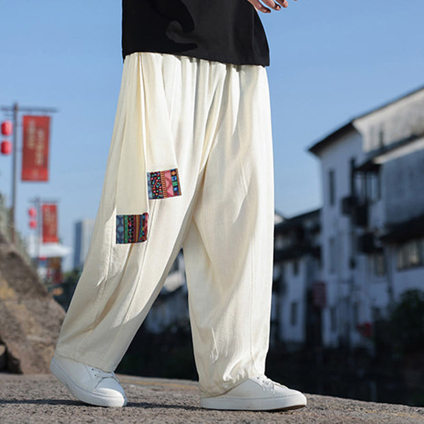 Buddha Stones Simple Patchwork Design Drawstring Soft Cotton Men's Wide Leg Pants With Pockets