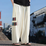 Buddha Stones Simple Patchwork Design Drawstring Soft Cotton Men's Wide Leg Pants With Pockets