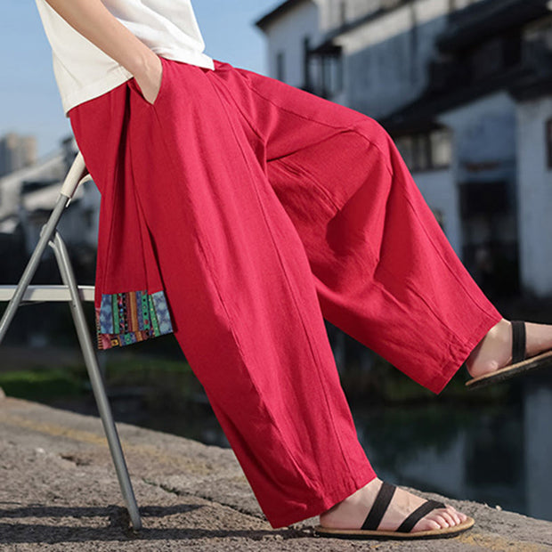 Buddha Stones Simple Patchwork Design Drawstring Soft Cotton Men's Wide Leg Pants With Pockets