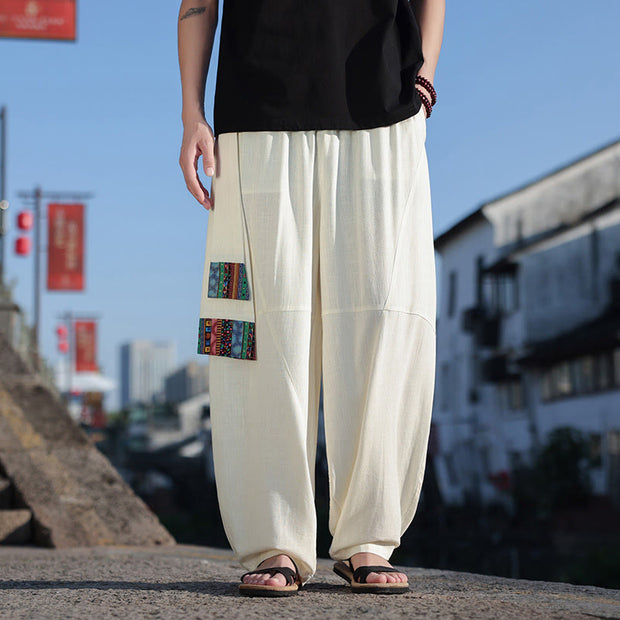 Buddha Stones Simple Patchwork Design Drawstring Soft Cotton Men's Wide Leg Pants With Pockets