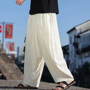 Buddha Stones Simple Patchwork Design Drawstring Soft Cotton Men's Wide Leg Pants With Pockets