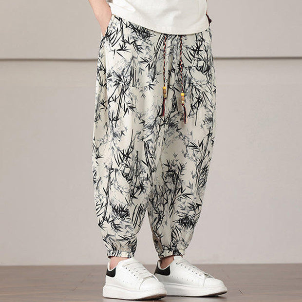 Buddha Stones Bamboo Leaf Pattern Drawstring Men's Harem Pants With Pockets