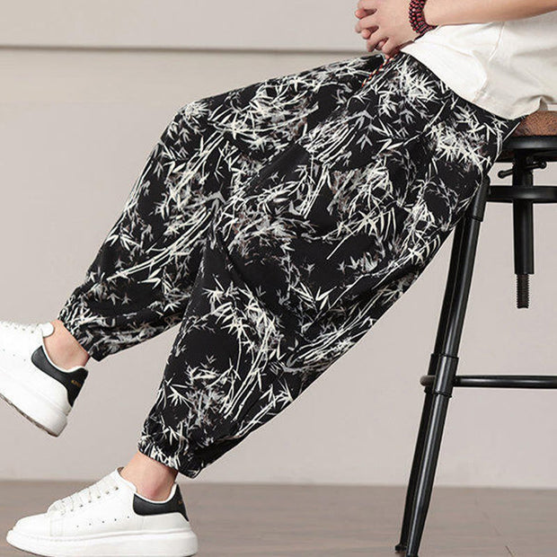 Buddha Stones Bamboo Leaf Pattern Drawstring Men's Harem Pants With Pockets