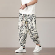 Buddha Stones Bamboo Leaf Pattern Drawstring Men's Harem Pants With Pockets