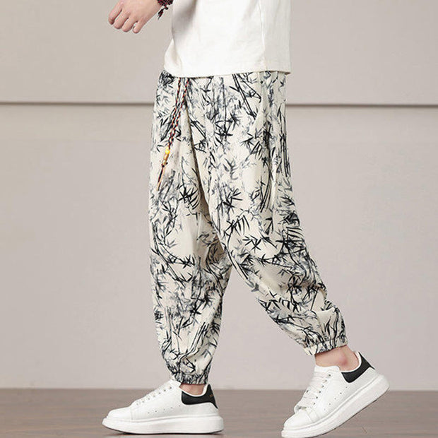 Buddha Stones Bamboo Leaf Pattern Drawstring Men's Harem Pants With Pockets