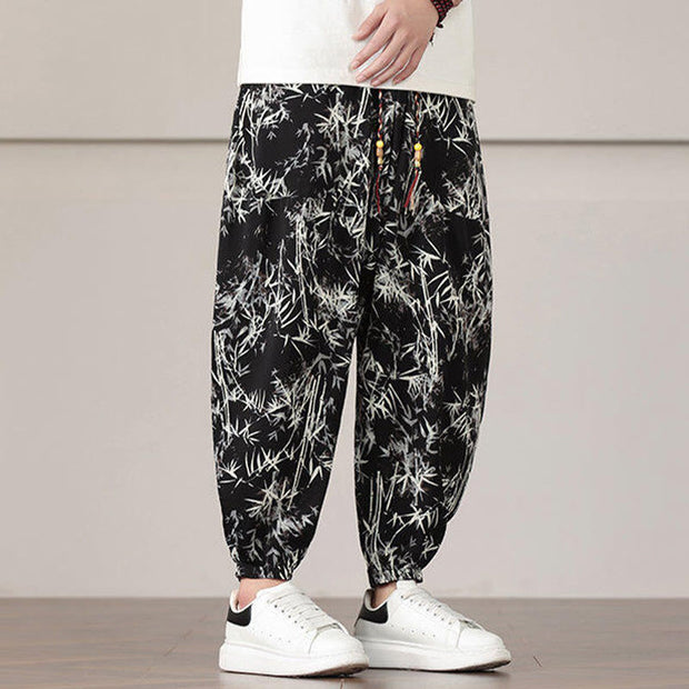 Buddha Stones Bamboo Leaf Pattern Drawstring Men's Harem Pants With Pockets