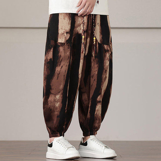 Buddha Stones Stripe Pattern Drawstring Men's Harem Pants With Pockets