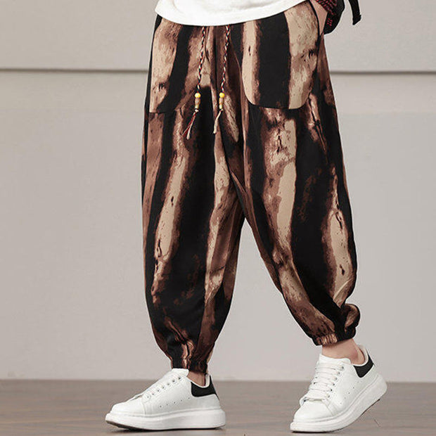 Buddha Stones Stripe Pattern Drawstring Men's Harem Pants With Pockets