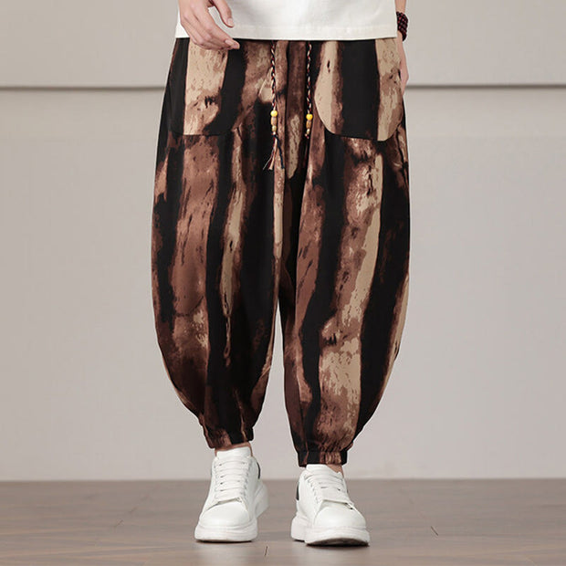 Buddha Stones Stripe Pattern Drawstring Men's Harem Pants With Pockets