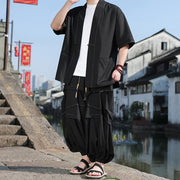 Buddha Stones 2Pcs Black Frog-Button Cotton Men's Kimono Jacket Drawstring Wide Leg Pants With Pockets