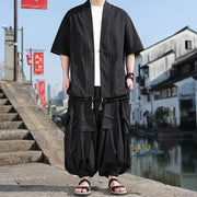 Buddha Stones 2Pcs Black Frog-Button Cotton Men's Kimono Jacket Drawstring Wide Leg Pants With Pockets