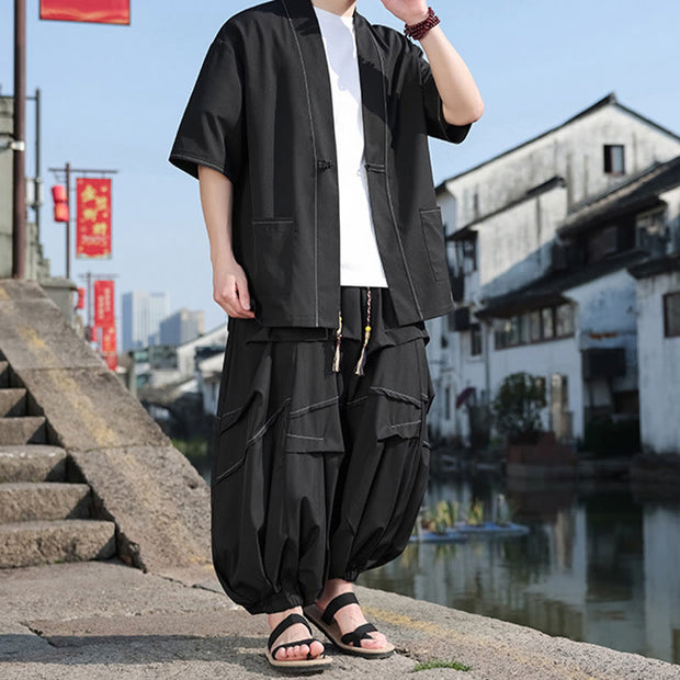 Buddha Stones 2Pcs Black Frog-Button Cotton Men's Kimono Jacket Drawstring Wide Leg Pants With Pockets