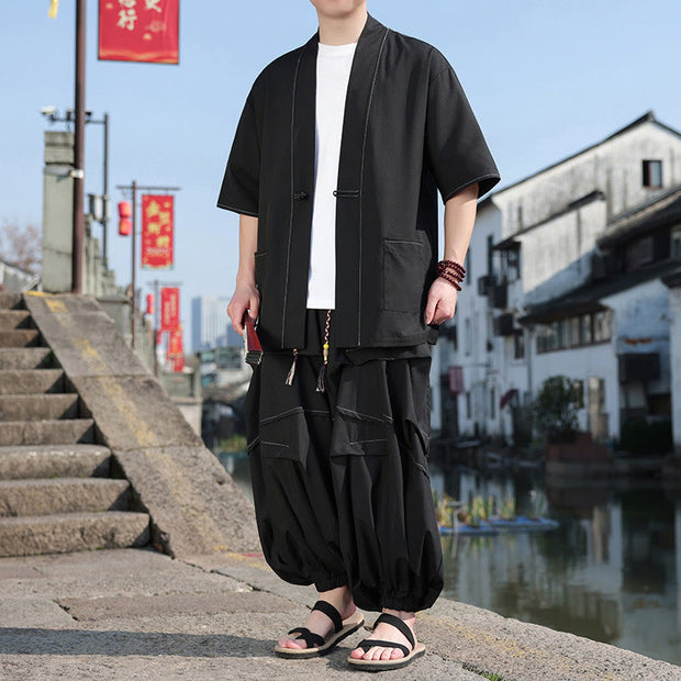 Buddha Stones 2Pcs Black Frog-Button Cotton Men's Kimono Jacket Drawstring Wide Leg Pants With Pockets