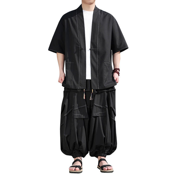 Buddha Stones 2Pcs Black Frog-Button Cotton Men's Kimono Jacket Drawstring Wide Leg Pants With Pockets