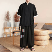 Buddha Stones 2Pcs Chinese Frog-button Men's Shirt Wide Leg Pants Meditation Cloth Set