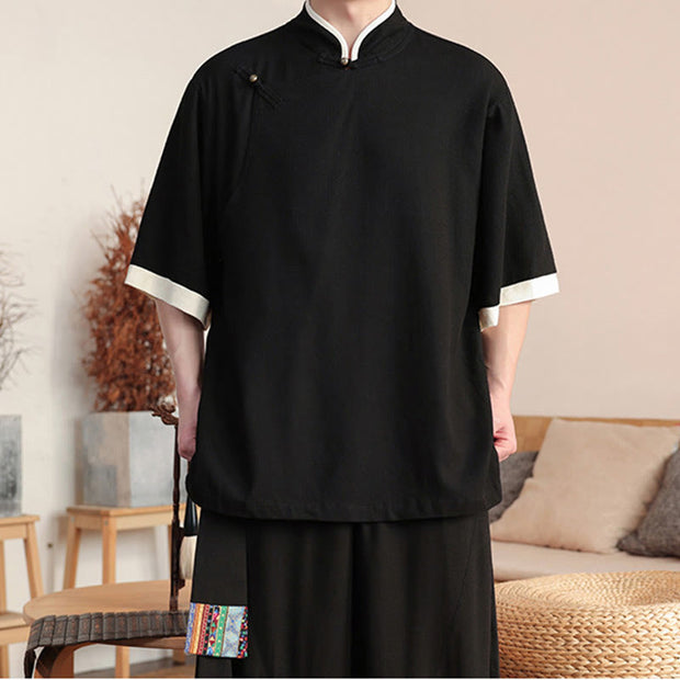 Buddha Stones 2Pcs Chinese Frog-button Men's Shirt Wide Leg Pants Meditation Cloth Set