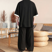 Buddha Stones 2Pcs Chinese Frog-button Men's Shirt Wide Leg Pants Meditation Cloth Set