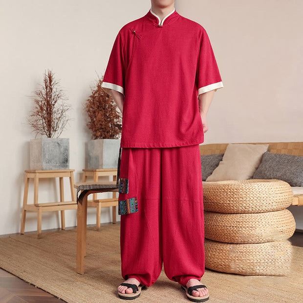 Buddha Stones 2Pcs Chinese Frog-button Men's Shirt Wide Leg Pants Meditation Cloth Set